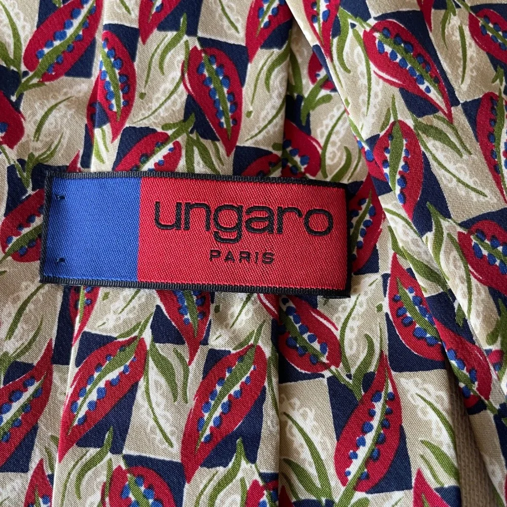Ungaro Paris Mens Silk Tie Geometric Botanical Red Green Navy Made in Italy